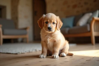 Chiot golden retriever à donner gratuitement en Gironde assis sur un plancher en bois dans une maison familiale