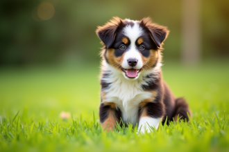 Jeune chiot Australian Shepherd sur l'herbe verte
