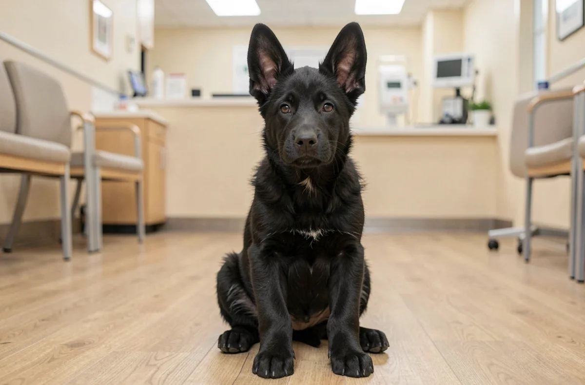 Chiot berger allemand noir assis dans une salle d'attente de clinique vétérinaire, regard curieux vers l'objectif