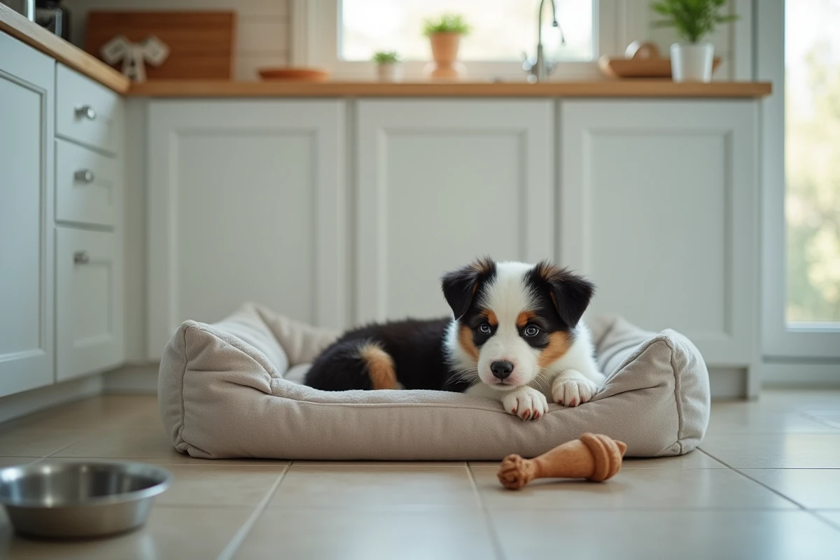 Chiot Berger Australien allongé sur son coussin dans une cuisine moderne avec gamelle et jouet à proximité