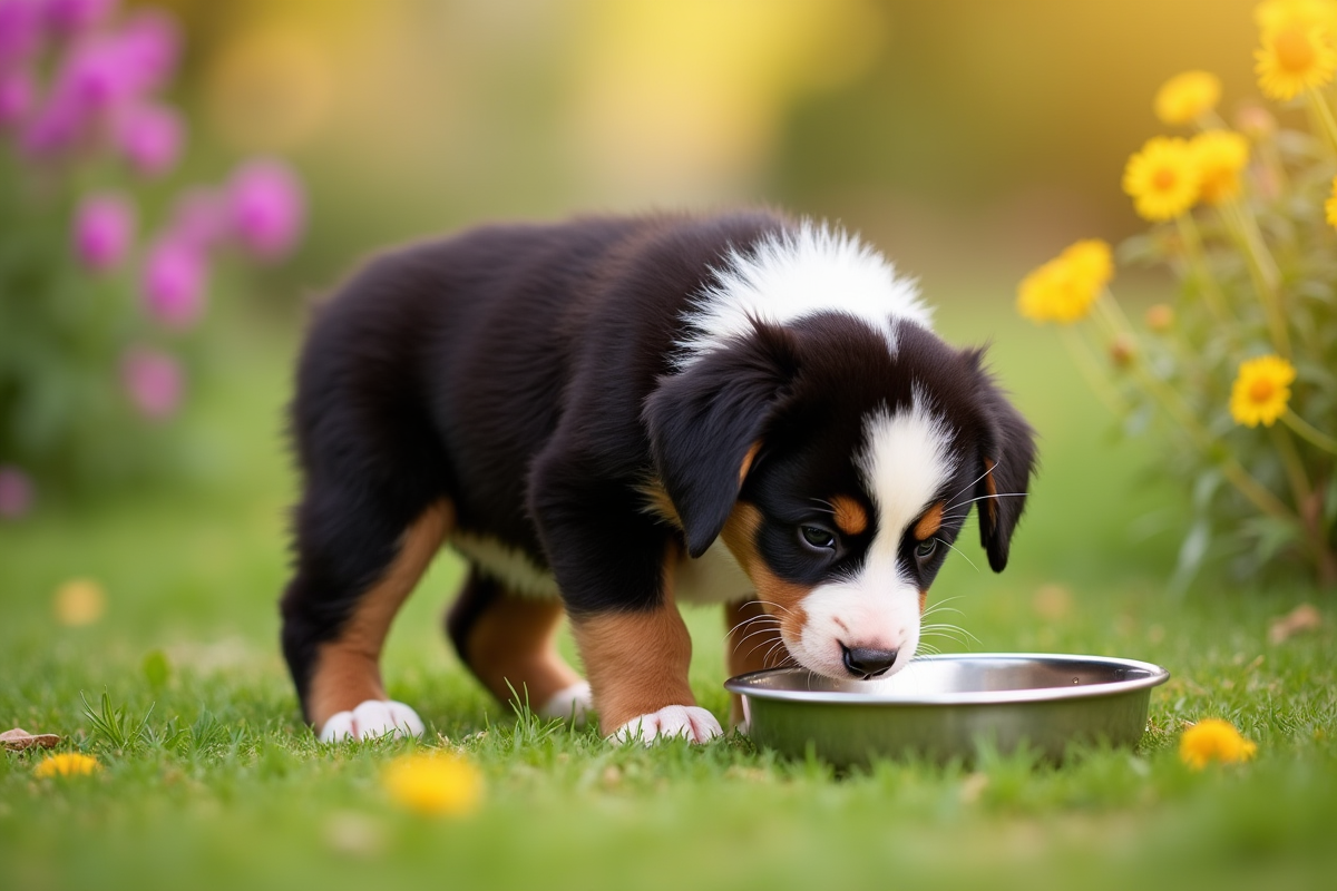 Chiot bernese mangeant dans un jardin en plein air entouré de fleurs