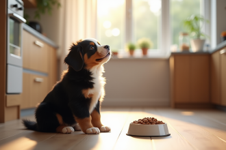 Chiot bernese de montagne dans une cuisine moderne regardant un bol