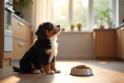 Chiot bernese de montagne dans une cuisine moderne regardant un bol