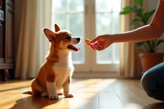 Chiot corgi assis sur un sol en bois lumineux
