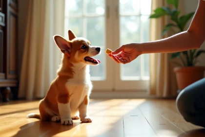 Chiot corgi assis sur un sol en bois lumineux
