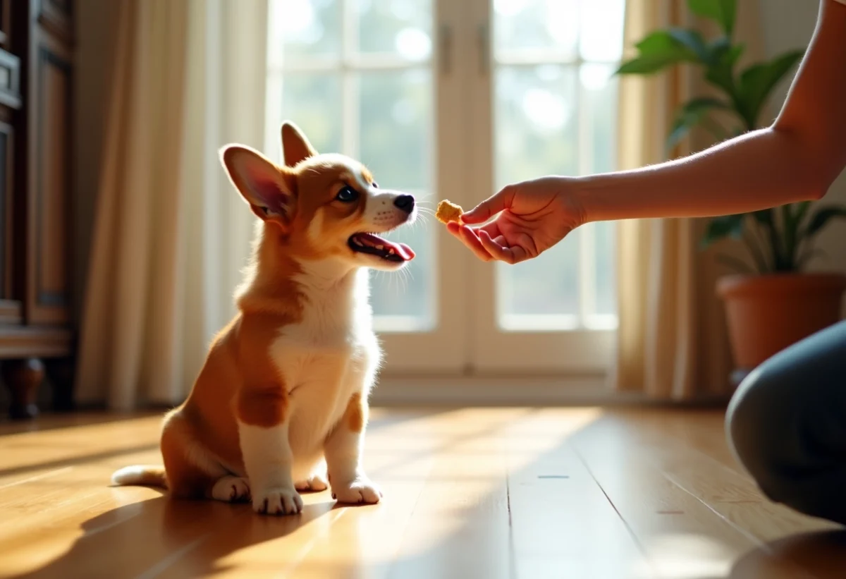 Chiot corgi assis sur un sol en bois lumineux