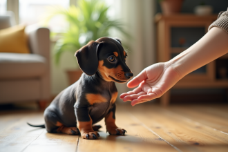 Miniature chiot dachshund arlequin dans un salon ensoleille