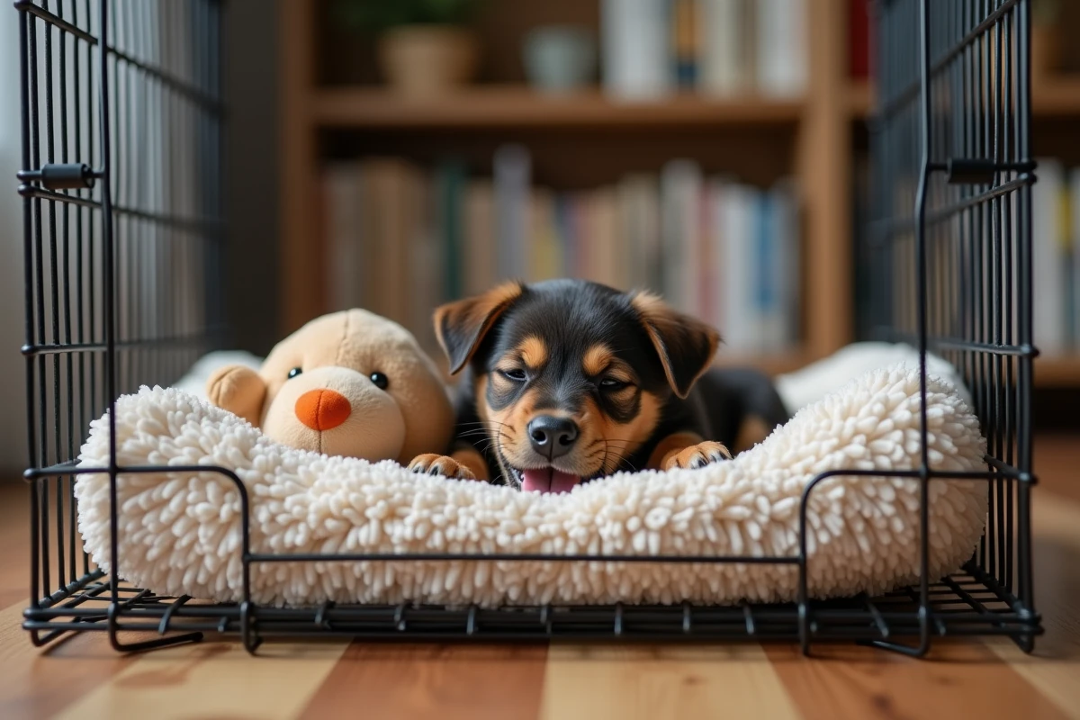 Chiot mélangé dans une cage avec jouet et couvertures douces