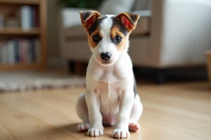Chiot Fox Terrier à poil court assis sur un plancher en bois dans un intérieur familial chaleureux