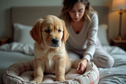 Chiot golden retriever triste sur un lit douillet avec une femme