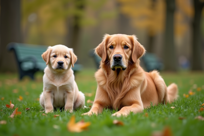 Chiot golden retriever curieux dans un parc en automne