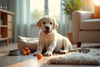 Chiot labrador joueur dans un salon lumineux avec accessoires