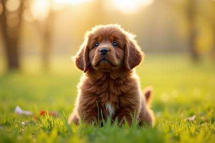 Chiot Newfoundland peluche dans un champ ensoleille