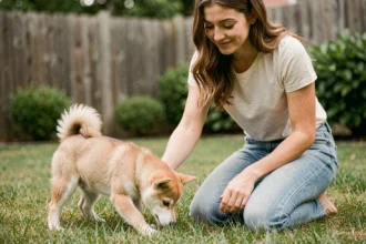 Femme apprenant la propreté à un chiot Shiba Inu dans le jardin en respectant son rythme