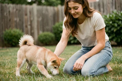Femme apprenant la propreté à un chiot Shiba Inu dans le jardin en respectant son rythme