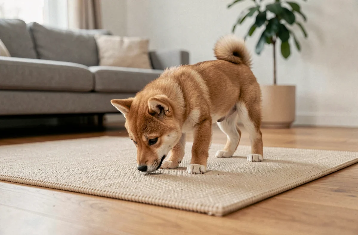 Chiot Shiba Inu utilisant un tapis d'entraînement à la propreté à l'intérieur d'un appartement