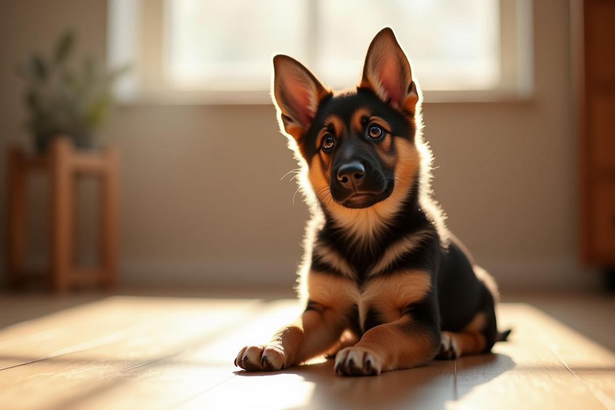 Chiot berger allemand assis en lumière naturelle
