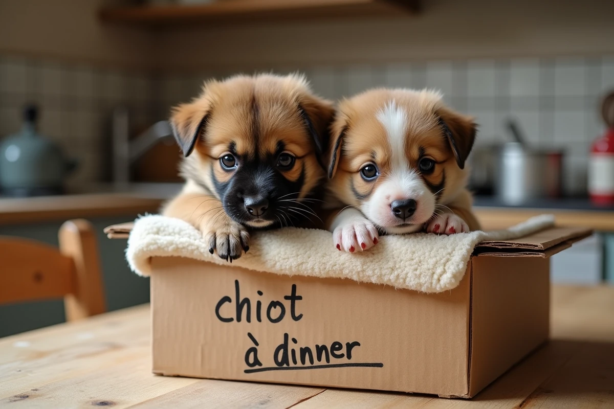 Deux chiots à donner gratuitement dans une boîte en carton sur une table de cuisine en Gironde