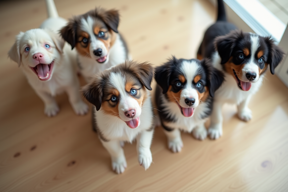 Plusieurs chiots Australian Shepherd dans la maison