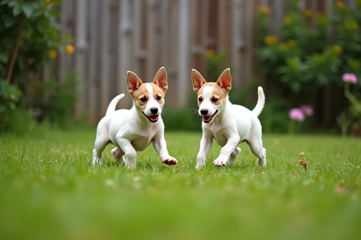 Deux chiots Fox Terrier à poil court jouant dans un jardin verdoyant en extérieur