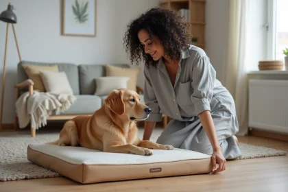 Femme choisissant un lit orthopédique pour chien livré en ligne, comparaison entre animalerie physique et boutique spécialisée en ligne