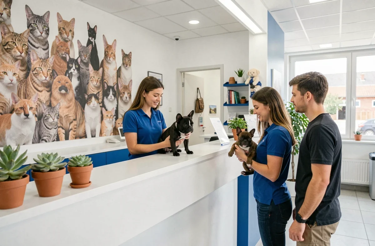 Accueil moderne de la clinique vétérinaire de Colomiers avec réceptionniste et couple avec bouledogue français