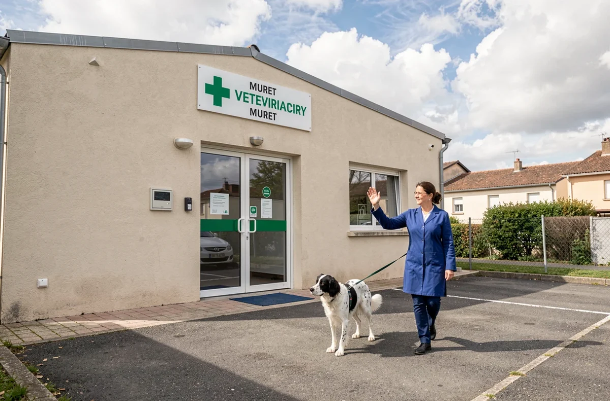 Façade de la clinique vétérinaire de Muret avec vétérinaire et client promenant un épagneul breton