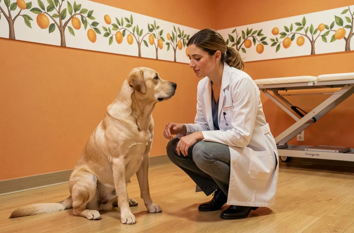 Vétérinaire et labrador dans la salle de consultation de la clinique de l'Orangeraie à Toulouse