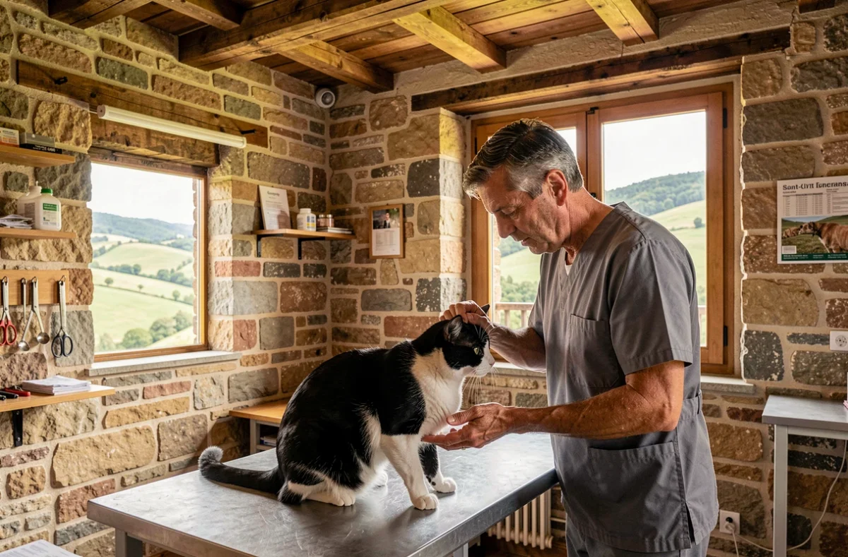 Vétérinaire examinant un chat dans la clinique vétérinaire de Saint-Gaudens avec vue sur les collines