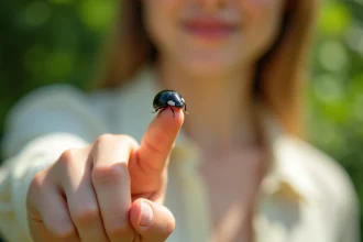 Coccinelle noire posée sur le doigt d'une femme dans un jardin verdoyant, symbolisant un signe spirituel