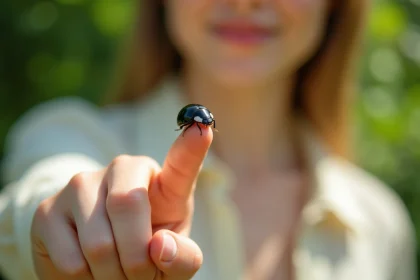 Coccinelle noire posée sur le doigt d'une femme dans un jardin verdoyant, symbolisant un signe spirituel