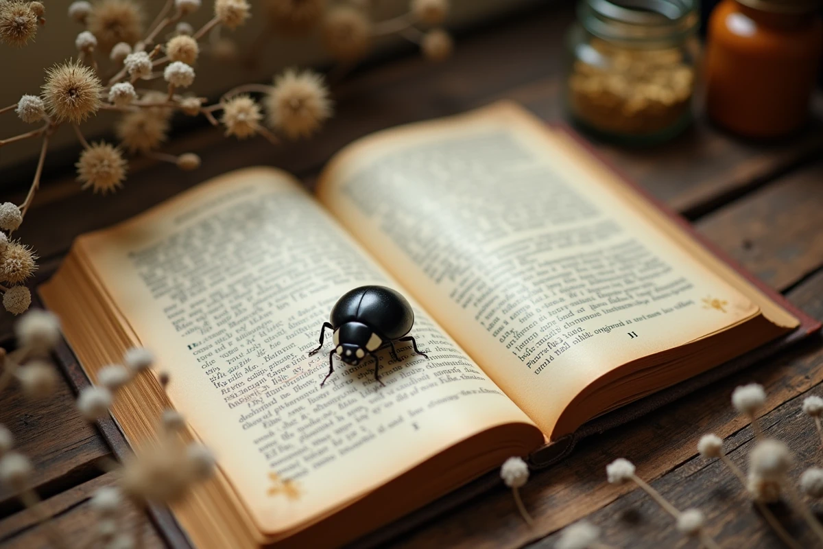Coccinelle noire sur les pages d'un vieux livre ouvert entouré de fleurs séchées, symbole de spiritualité et d'interprétation des signes