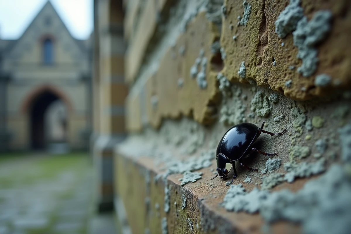 Coccinelle noire sur un vieux mur de pierre recouvert de lichen, évoquant un message spirituel et mystérieux