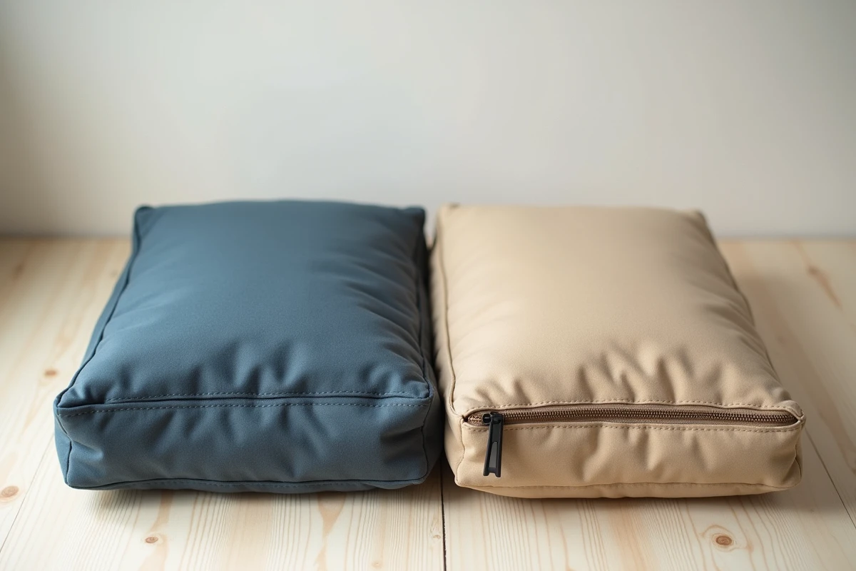 Vue rapprochée de deux coussins pour chien indestructibles côte à côte montrant les coutures renforcées, la fermeture éclair résistante et les matières imperméables