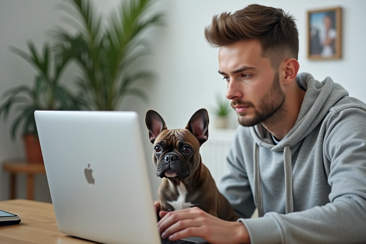 Jeune homme comparant des mutuelles pour chien sur ordinateur avec son bouledogue français