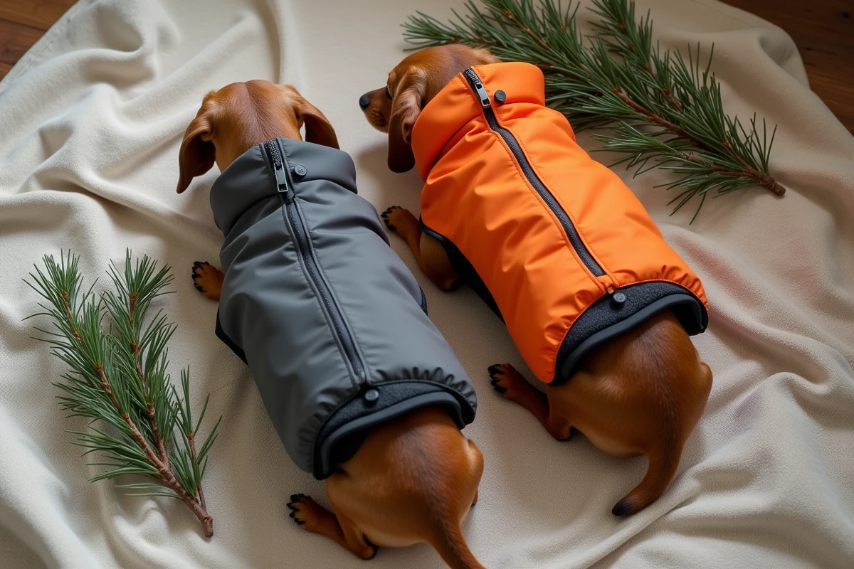 Comparatif de deux manteaux techniques pour teckel en softshell et membrane, détails de coutures et fermetures zippées visibles