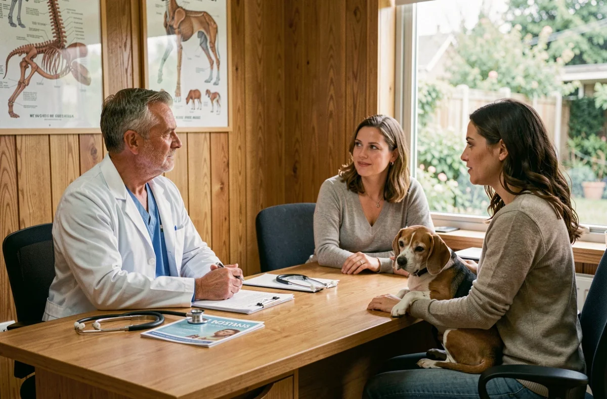 Vétérinaire en consultation avec un couple tenant un vieux beagle, discussion sur les soins en fin de vie et les tarifs d'euthanasie