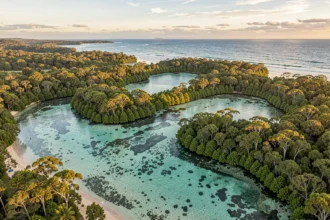 Côte tropicale du nord de l'Australie avec estuaire et eaux turquoise