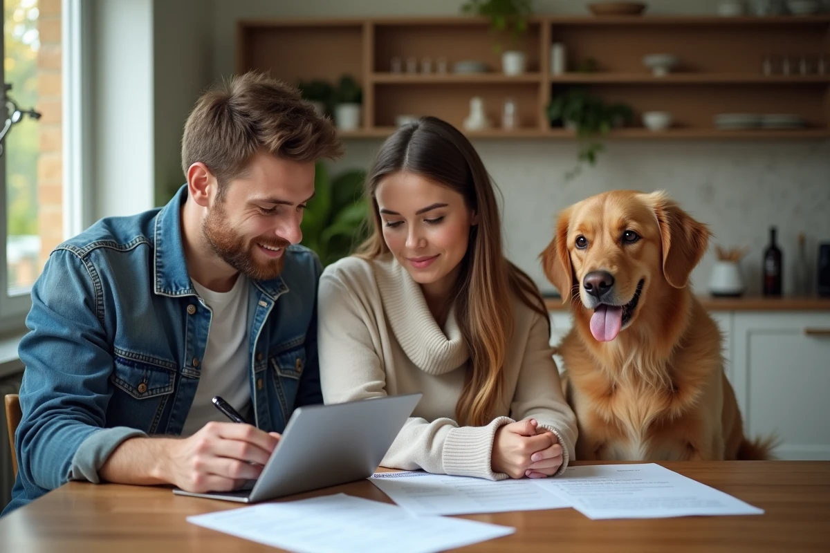Jeune couple avec chien en famille à la maison