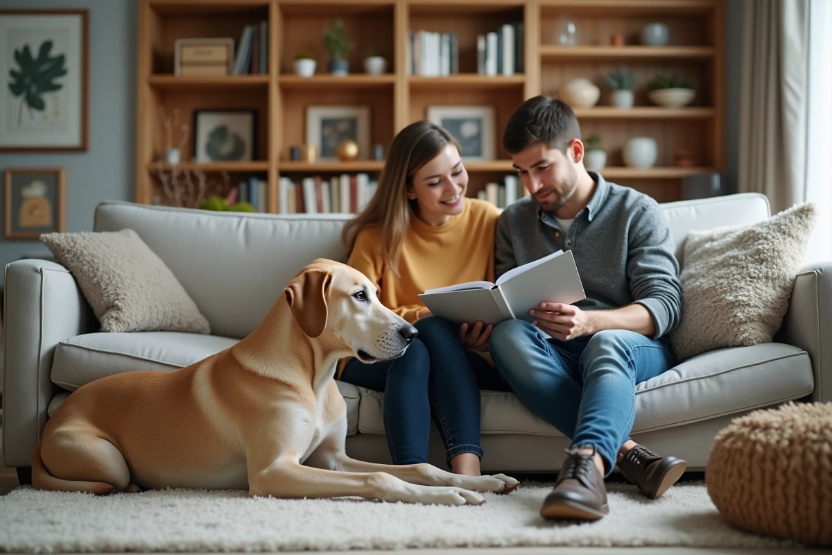 Jeune couple avec chien Irish Wolfhound à la maison