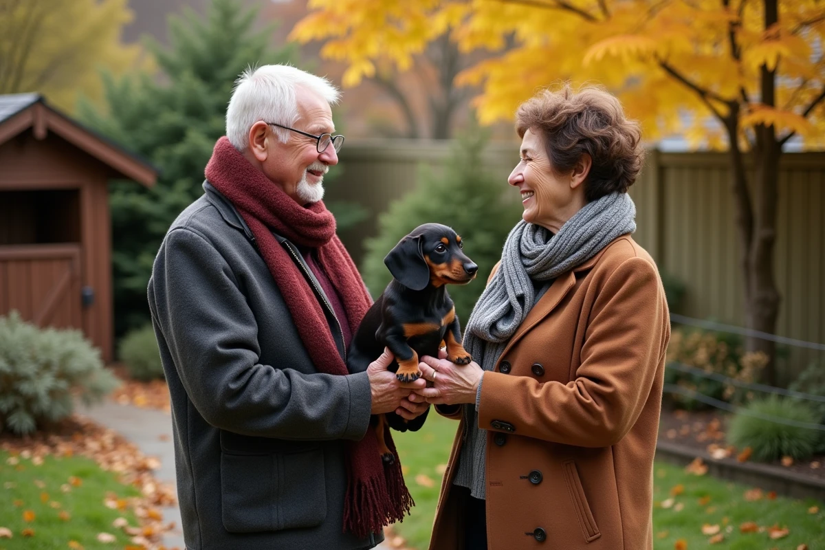 Couple dans jardin avec chiot teckel en automne