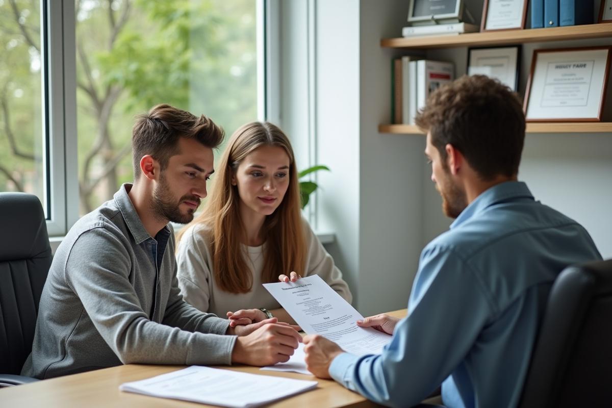 Jeune couple discutant avec vétérinaire et documents de santé