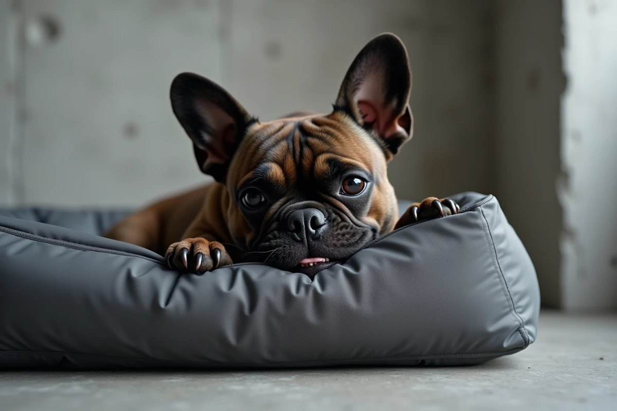 Bouledogue français bringé qui mâche le bord d'un coussin anti-morsure en nylon balistique gris anthracite sur sol en béton