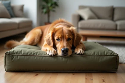 Grand chien golden retriever allongé sur un coussin indestructible en toile renforcée vert olive dans un salon moderne au parquet clair