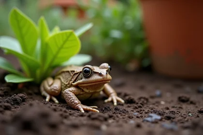 Crapaud brun posé sur la terre humide d'un jardin potager avec des déjections visibles au sol