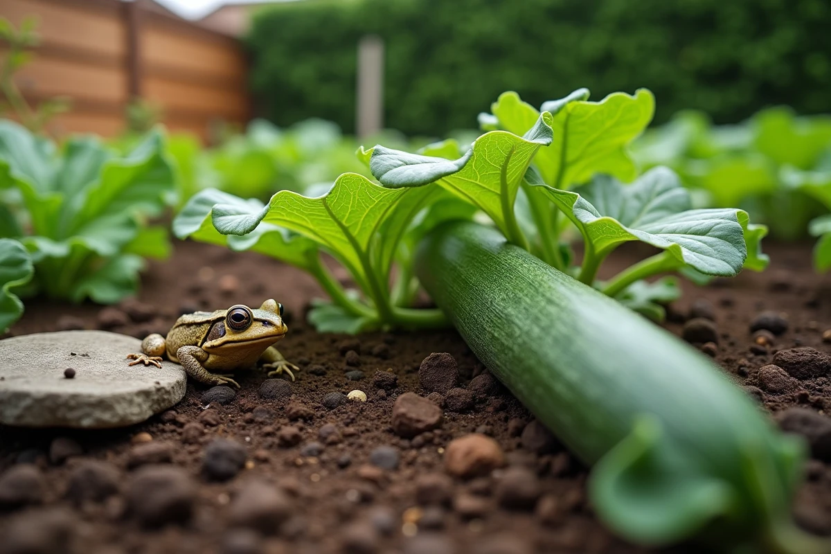 Jardin potager luxuriant avec un crapaud tapi sous une feuille de courgette et des crottes visibles sur une pierre