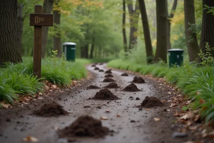 Crottes de sanglier sur un chemin boueux dans un parc public urbain avec empreintes et signalisation