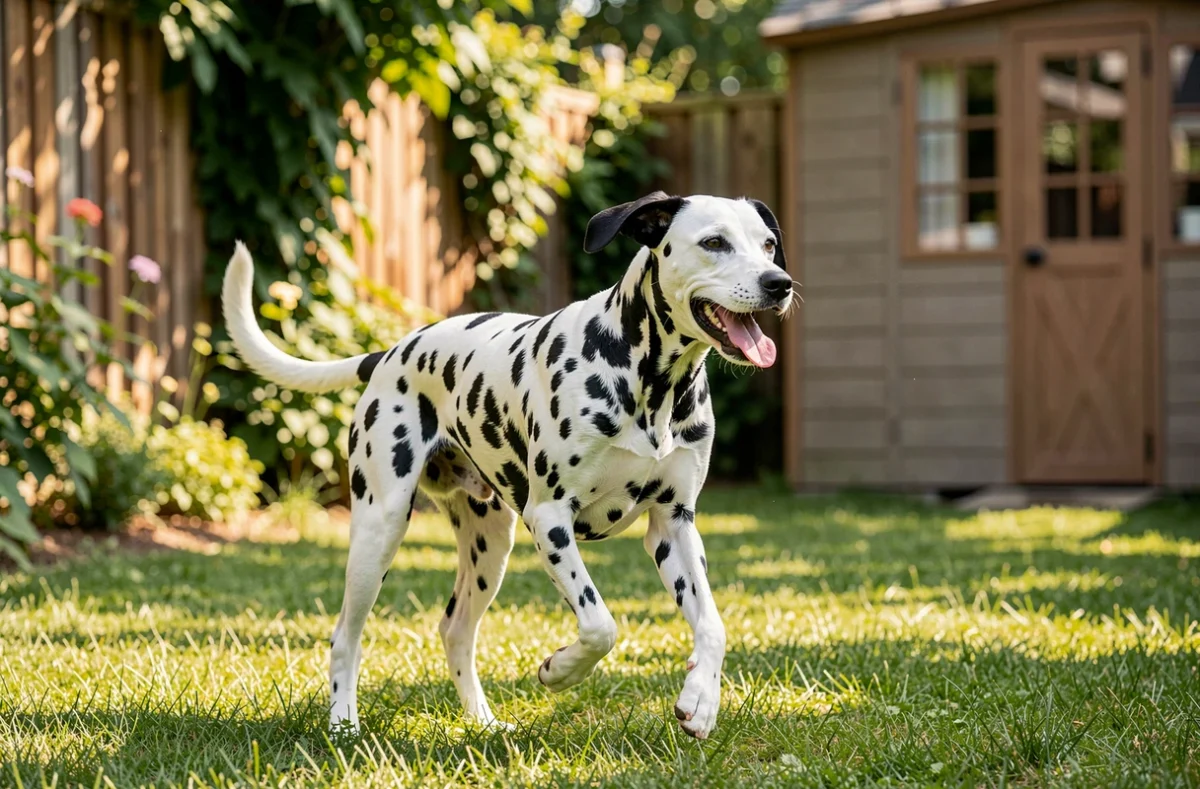 Dalmatien noir et blanc à poil court en train de jouer dans un jardin familial verdoyant