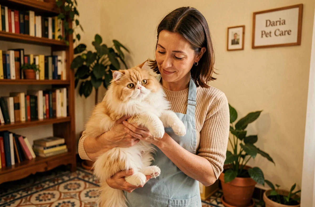 Une soignante tenant affectueusement un chat persan dans l'appartement chaleureux et décoré de Daria Pet Care à Nice