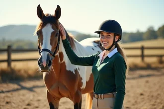 Jeune femme débutante en équitation debout aux côtés d'un cheval Appaloosa tacheté dans un paddock en plein air